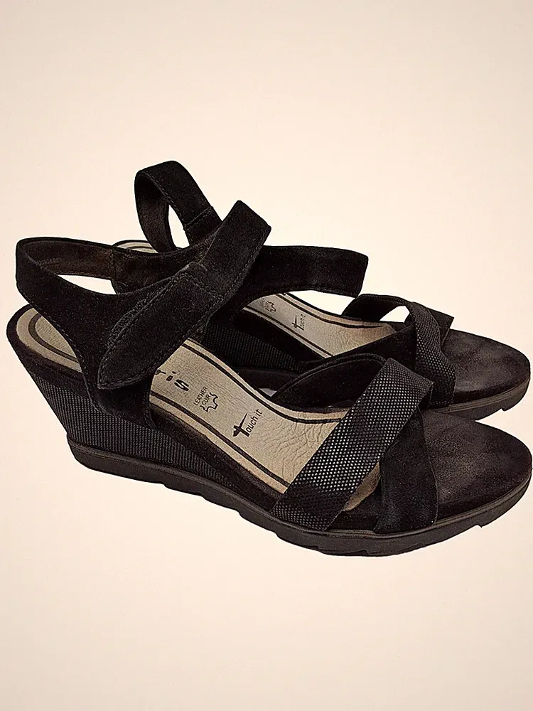Tamaris Damen Sandalen Gr. 38 Schwarz Keilabsatz Touch it Leder