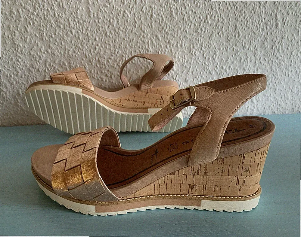 Tamaris Damen Sandalen Leder gold/beige Riemchen Schnalle Keilabsatz EU 40