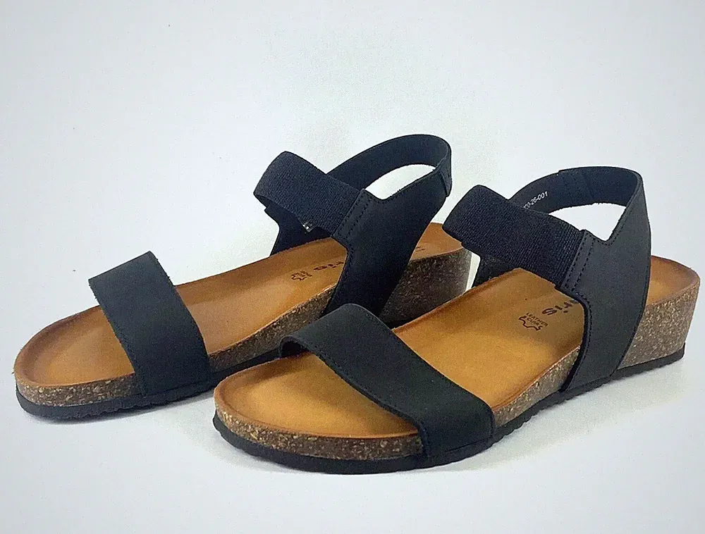 Tamaris Damen Sandalen UK 7,25 EU 41 schwarz Leder & Textil niedriger Keilabsatz