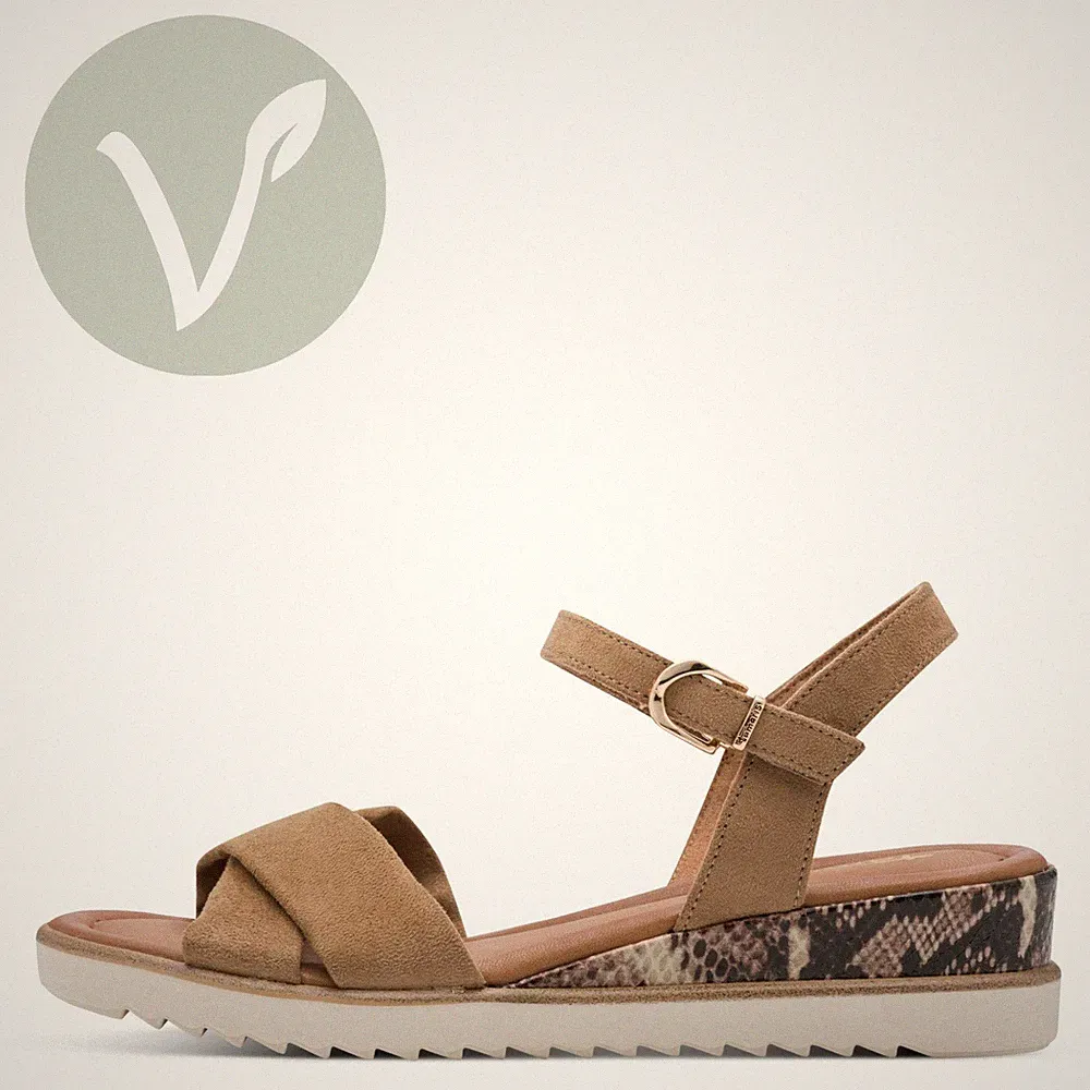 Tamaris Damen Sandaletten 28116 Beige - Vegan Keilabsatz Fußbett Klettverschluss