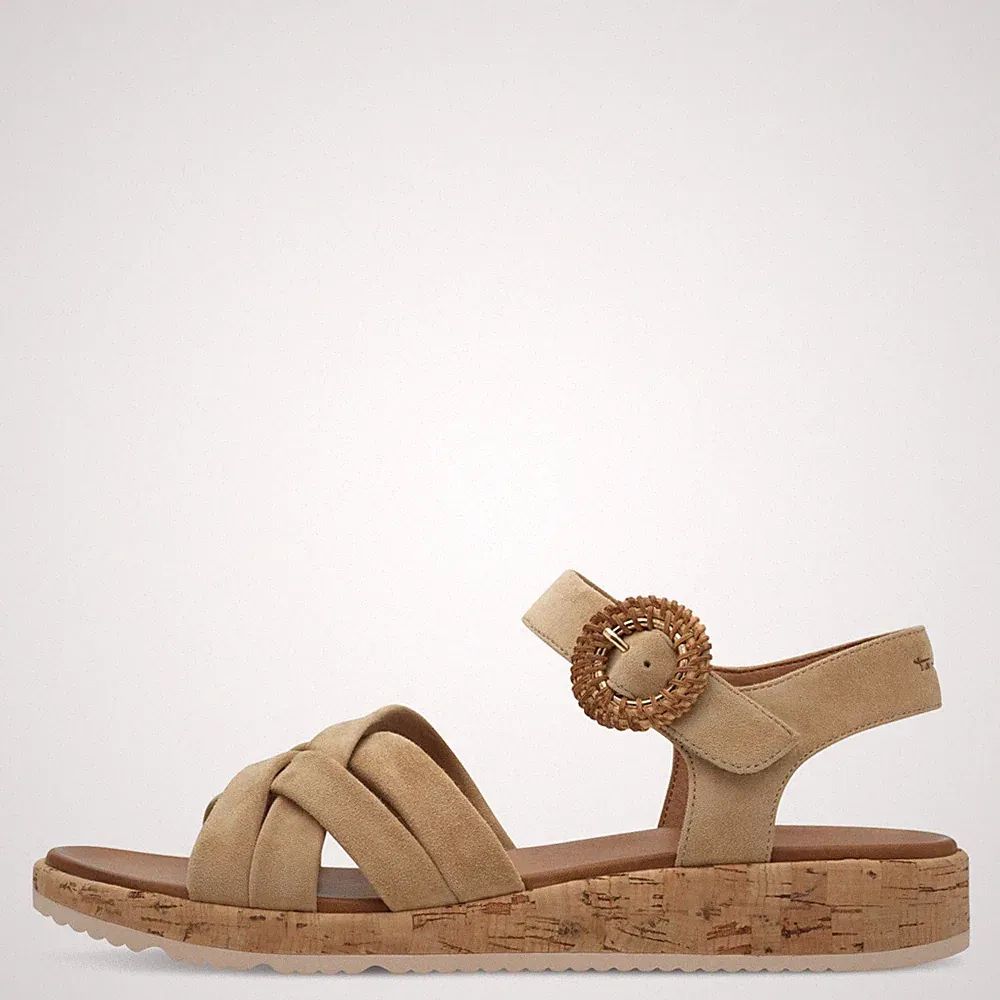 Tamaris Damen Sandaletten 28129 Beige Braun – Leder, Keilabsatz, Klettverschluss