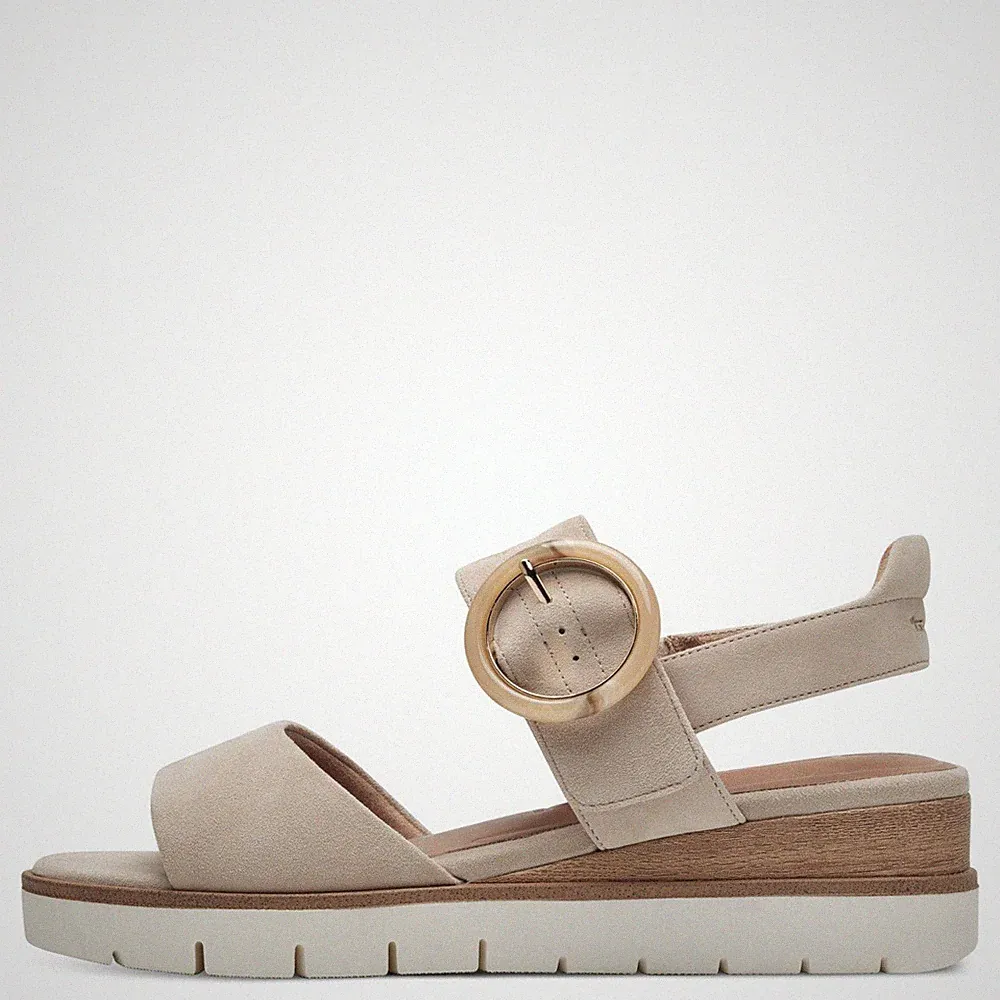 Tamaris Damen Sandaletten 28206 Beige - Ledersandaletten, Keilabsatz & Fußbett