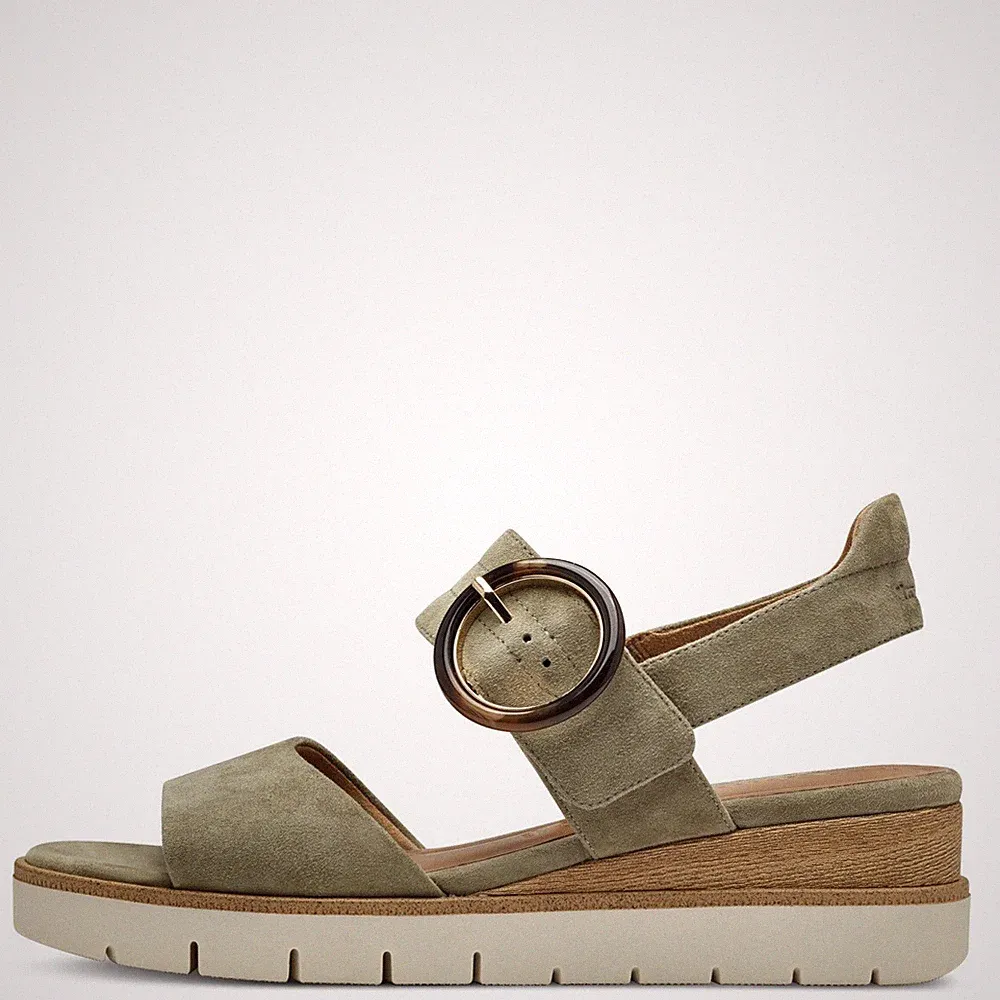 Tamaris Damen Sandaletten 28206 Khaki - Ledersandaletten, Keilabsatz & Fußbett