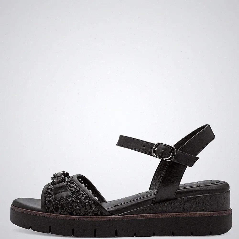 Tamaris Damen Sandaletten 28215 Schwarz - Ledersandaletten Keilabsatz Fußbett
