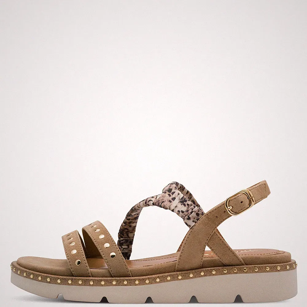 Tamaris Damen Sandaletten 28227 Beige - Animal-Print, Leder, Fußbett, Keilabsatz
