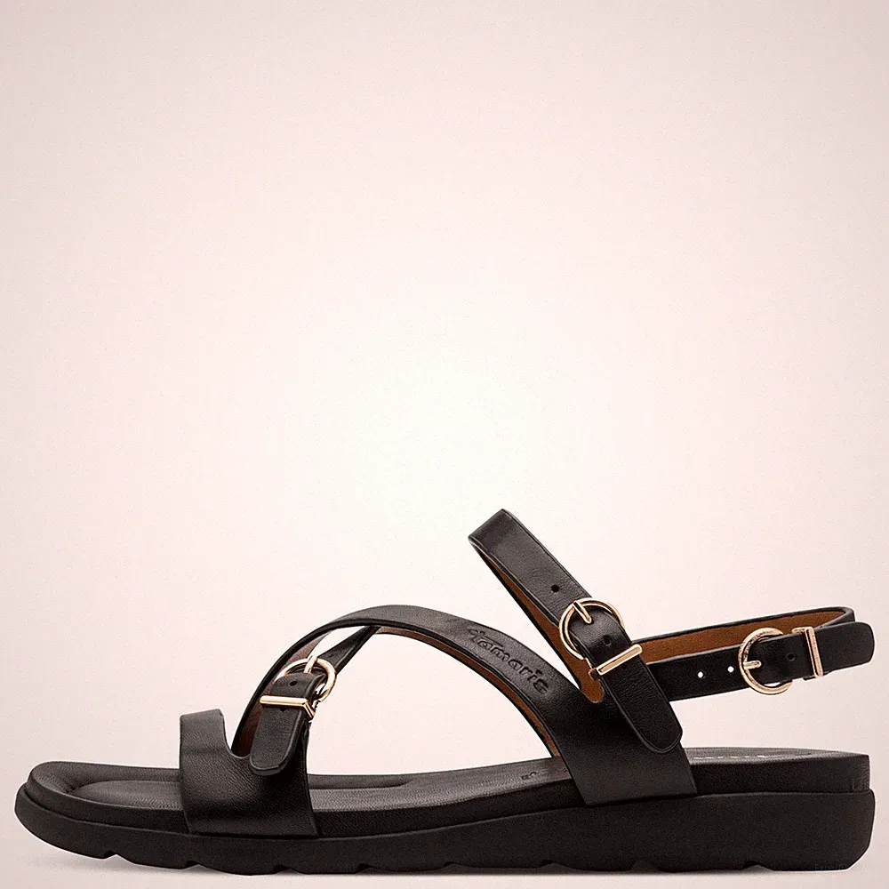 Tamaris Damen Sandaletten 28231 Schwarz - Ledersandaletten Keilabsatz Fußbett
