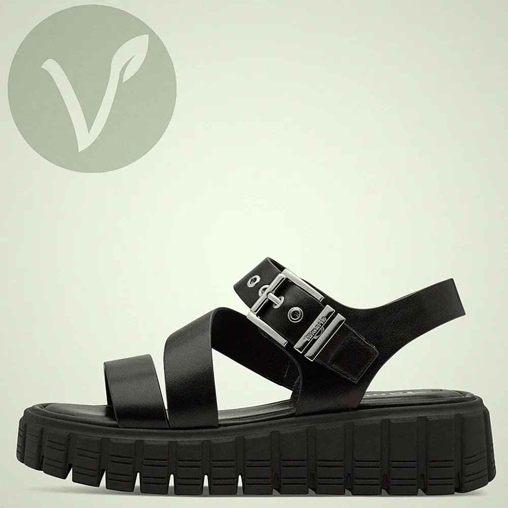 Tamaris Damen Sandaletten 28233 Schwarz - Vegan, Fußbett, Keilabsatz