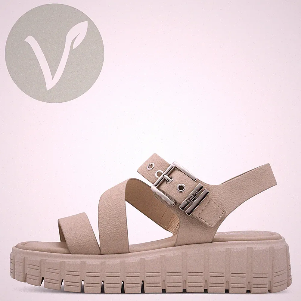 Tamaris Damen Sandaletten 28233 Taupe Beige - Vegan, Fußbett, Keilabsatz