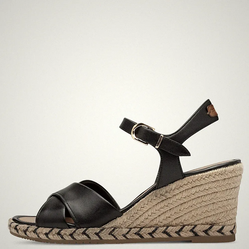 Tamaris Damen Sandaletten 28346 Schwarz – Ledersandaletten, Fußbett, Keilabsatz