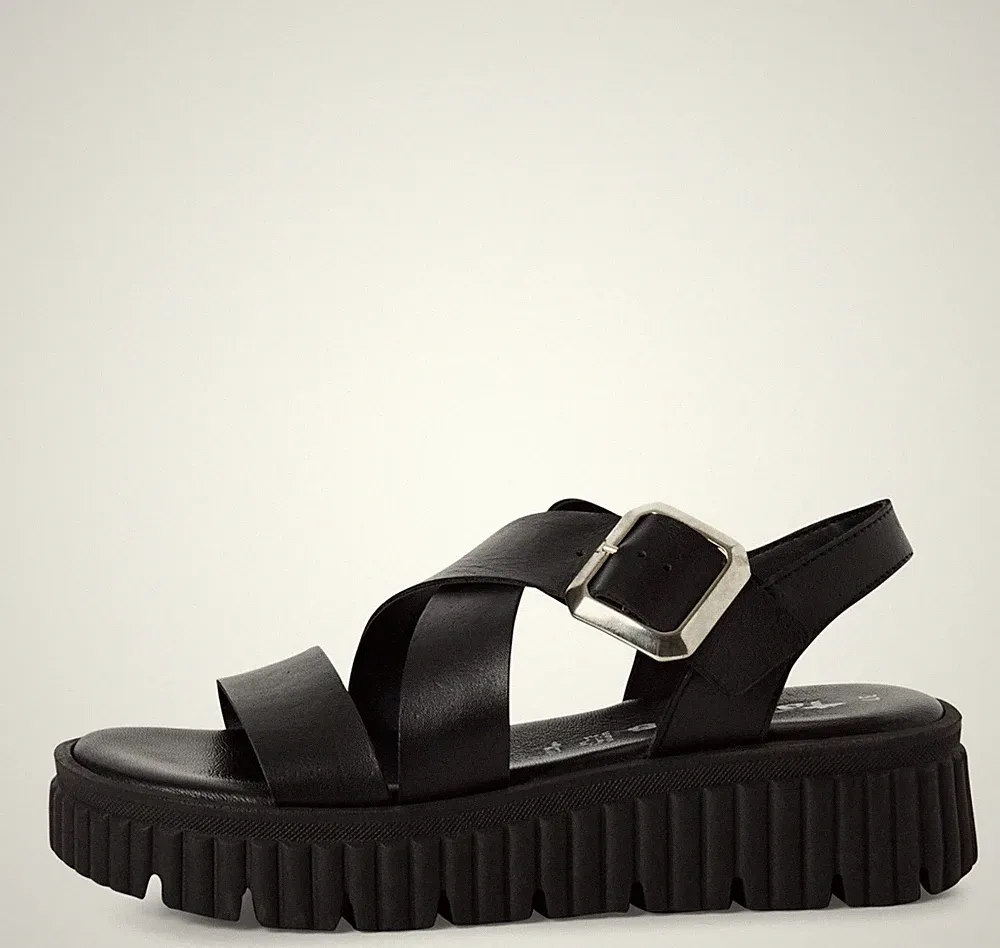 Tamaris Damen Sandaletten 28705 Schwarz – Ledersandaletten, Keilabsatz & Fußbett