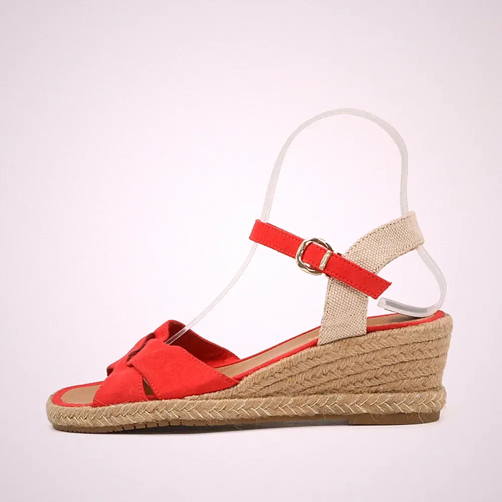 Tamaris Damen Sandaletten EU 37 Keilabsatz Rot Beige Bastsohle
