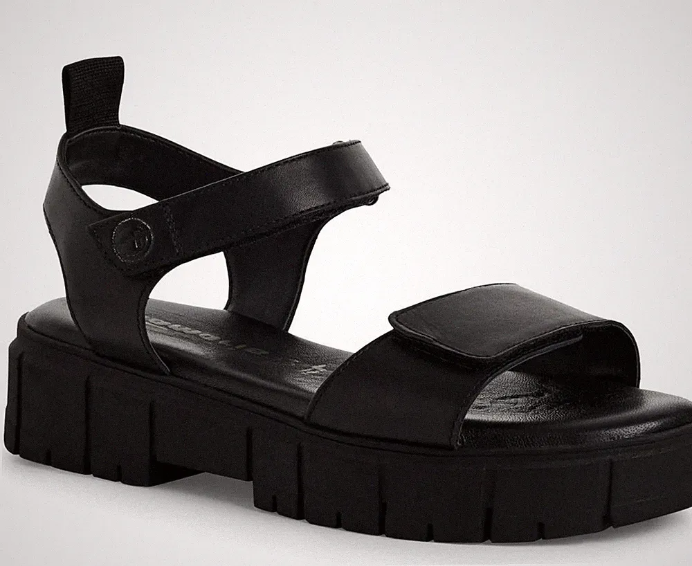Tamaris Damen Schwarze Keilabsatz Ledersandalen Peeptoe Freizeit 28209-44-001