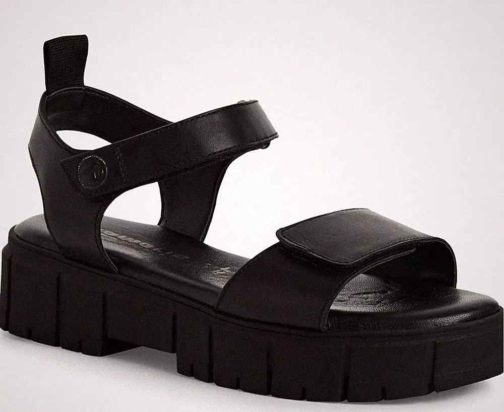 Tamaris Damen Schwarze Keilabsatz Ledersandalen Peeptoe Freizeit 28209-44-001