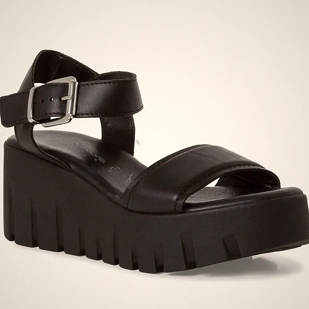 Tamaris Damen Schwarze Keilabsatz Ledersandalen Peeptoe Freizeit 28712-003