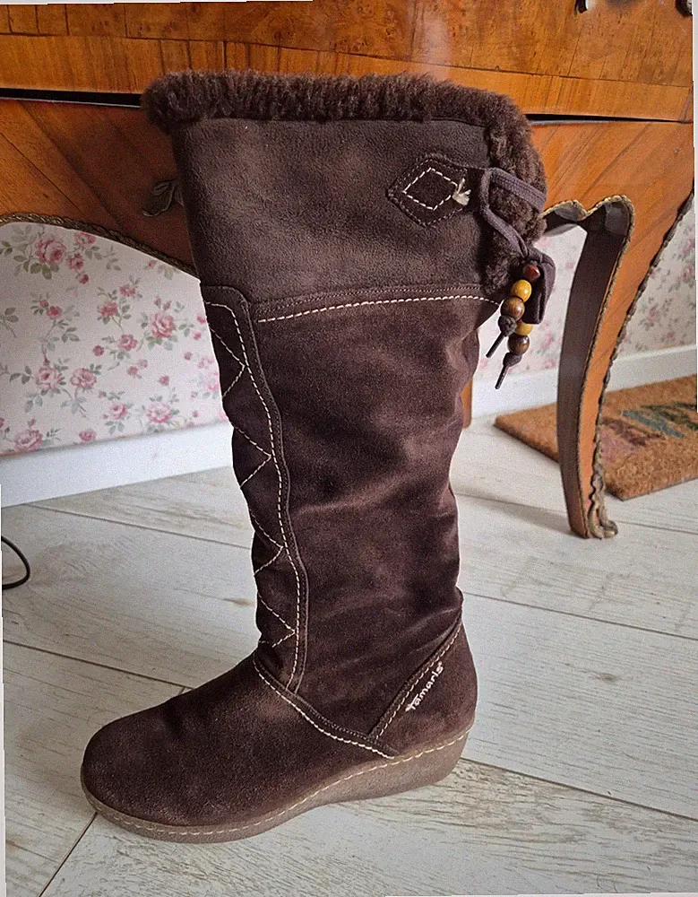 Tamaris Damen Wildleder Kniehochstiefel braun Shearling Keilabsatz 39