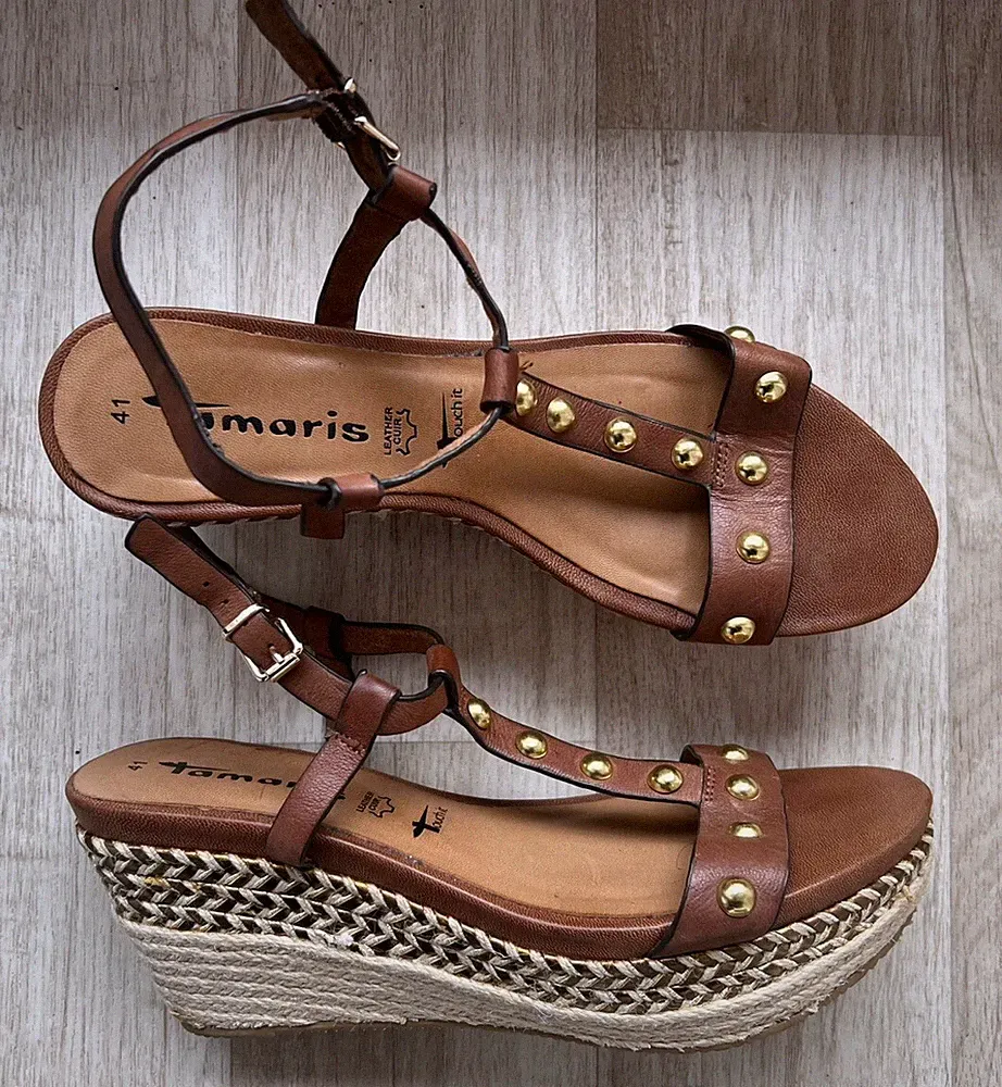 TAMARIS echt LEDER Plateau Sandaletten Keilabsatz Wedges braun Größe 41 Neu