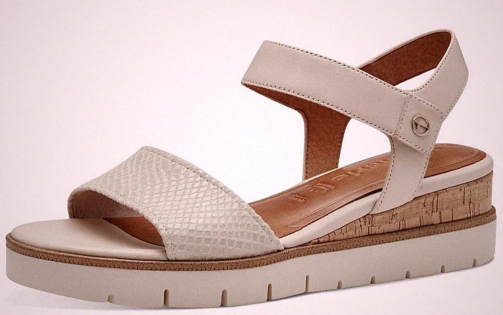 Tamaris Keilsandale 28203 430 Beige Leder Plateau Sandale Riemchen Keilabsatz