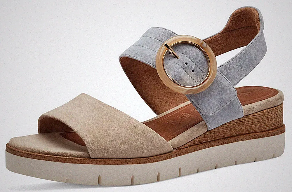 Tamaris Keilsandale 28206 430 Beige Leder Plateau Sandale Riemchen Keilabsatz