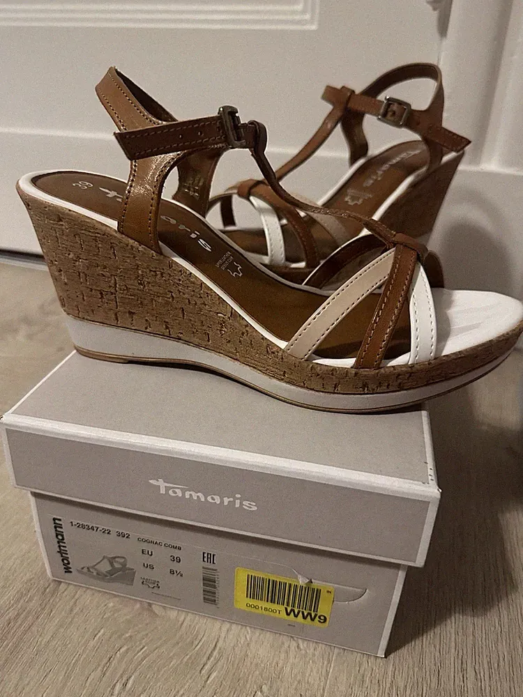 Tamaris Keilsandaletten Gr. 39 Cognac Weiß Echtleder Keilabsatz Sandalen WIE NEU