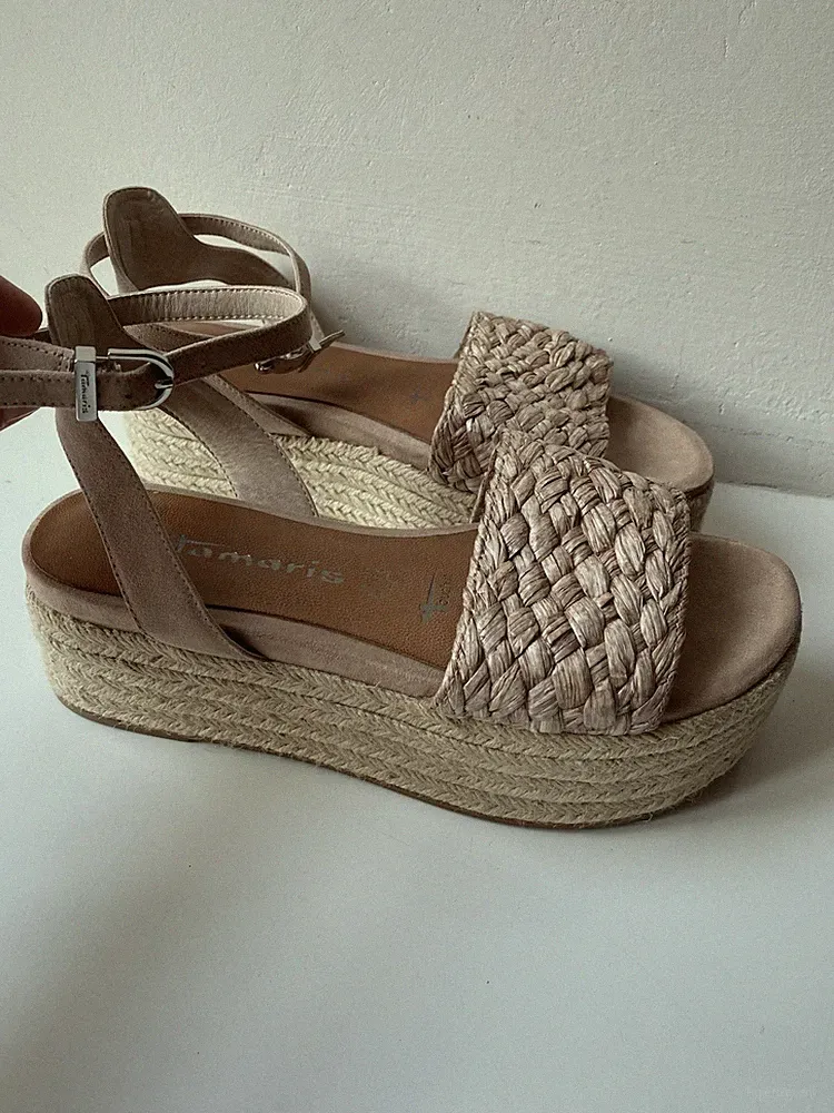 Tamaris Leder Plateau Keilabsatz Riemchen Sandalen Bast Flecht Sandaletten 38
