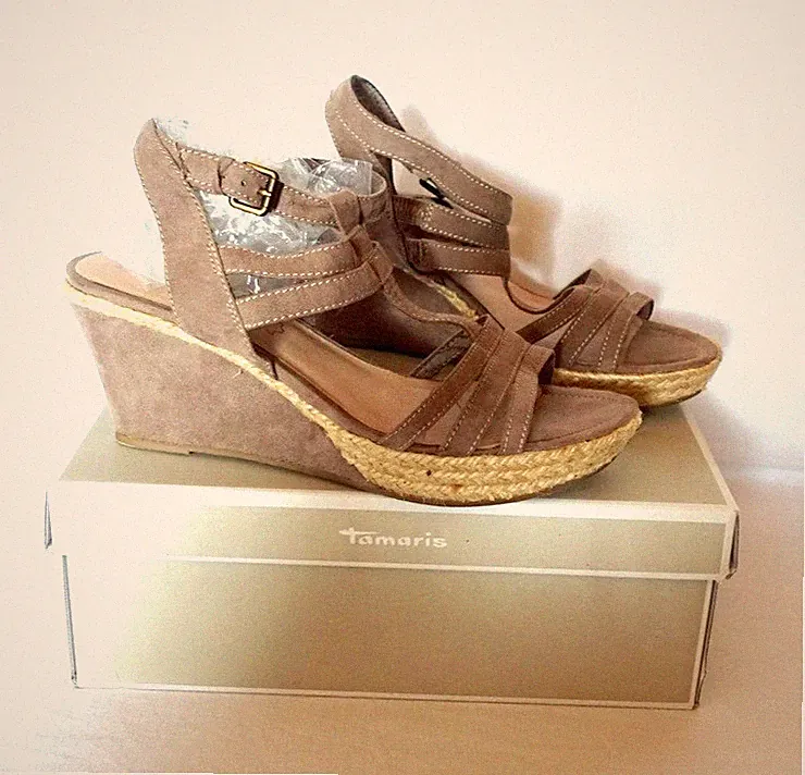 TAMARIS Riemchen Sandaletten Pumps Keilabsatz taupe Gr.41 mit OVP neuwertig