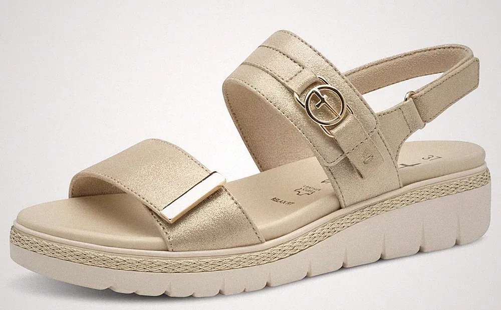 Tamaris Sandale Beige Gold Leder Keilabsatz Klettverschluss Sandalette Plateau