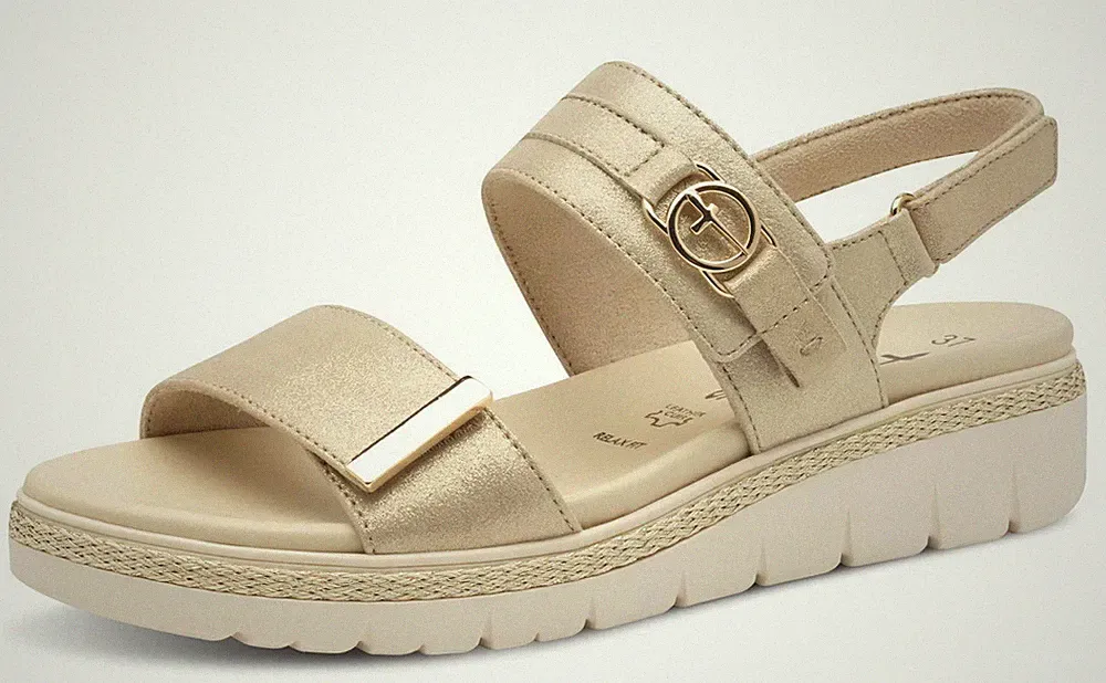 Tamaris Sandale Beige Gold Leder Keilabsatz Klettverschluss Sandalette Plateau
