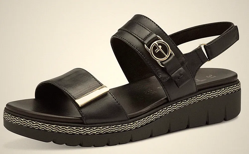 Tamaris Sandale Schwarz Leder Keilabsatz Klettverschluss Sandalette Plateau