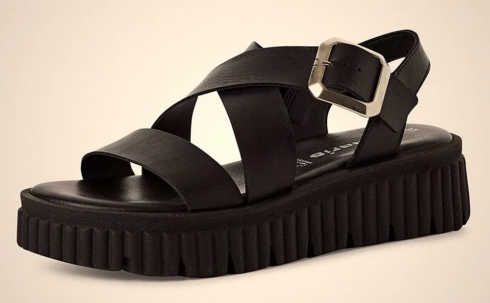 Tamaris Sandale Schwarz Leder Riemchen Plateau Sandalette Schnalle Keilabsatz