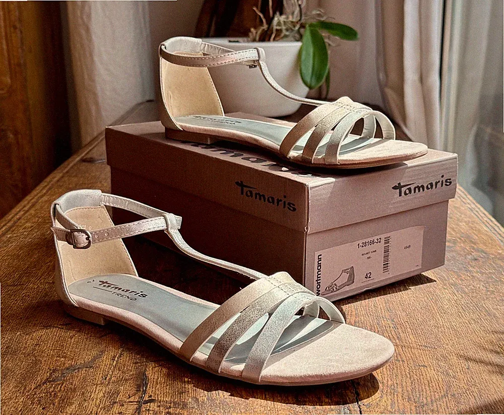 Tamaris Sandale Silber Gold Gr. 42 Schuhe Sandaletten metallic Riemchen