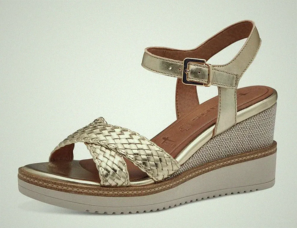 Tamaris Sandalen 1-28351-44 geflochtenes Leder gold Keilabsatz 7 cm SALE