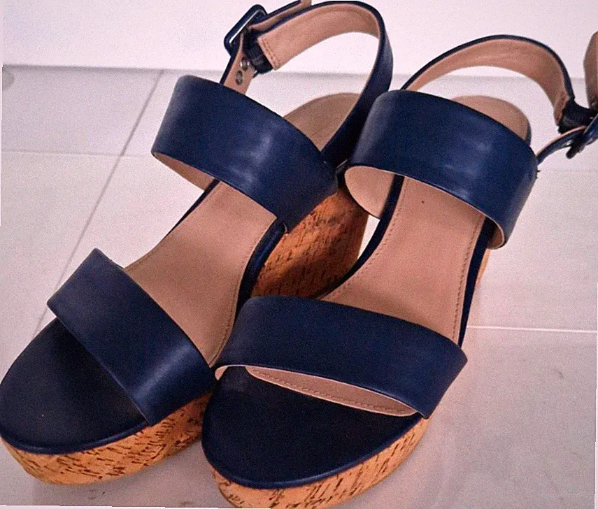 TAMARIS Sandalen 40 blau Leder Keilabsatz Korkoptik Riemchen NEU