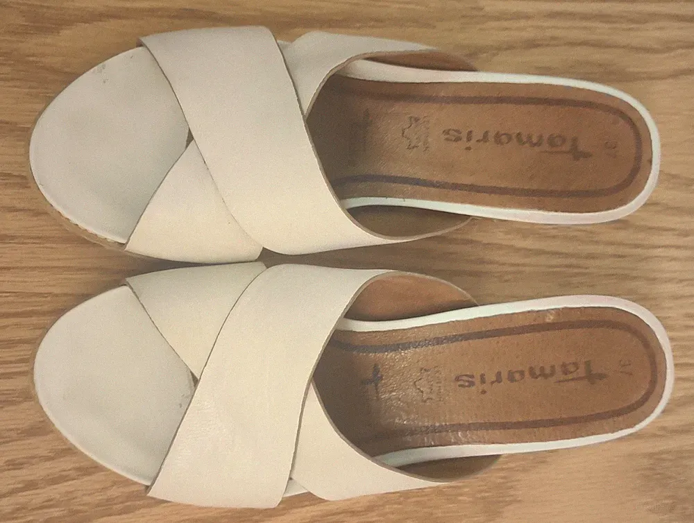Tamaris Sandalen Damen Gr. 37 Beige Leder Kork Keilabsatz