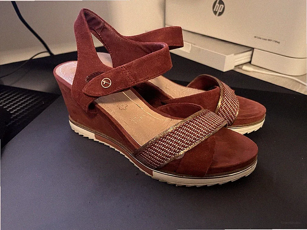 Tamaris Sandalen Damen Größe 37 Rot Leder / Stoff Sandalette Wie Neu