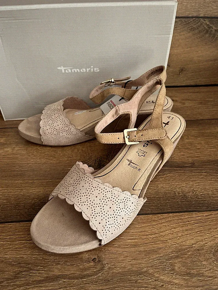 Tamaris Sandalen Gr. 41 Light Pink Beige Leder Keilabsatz Wedge Tamaris