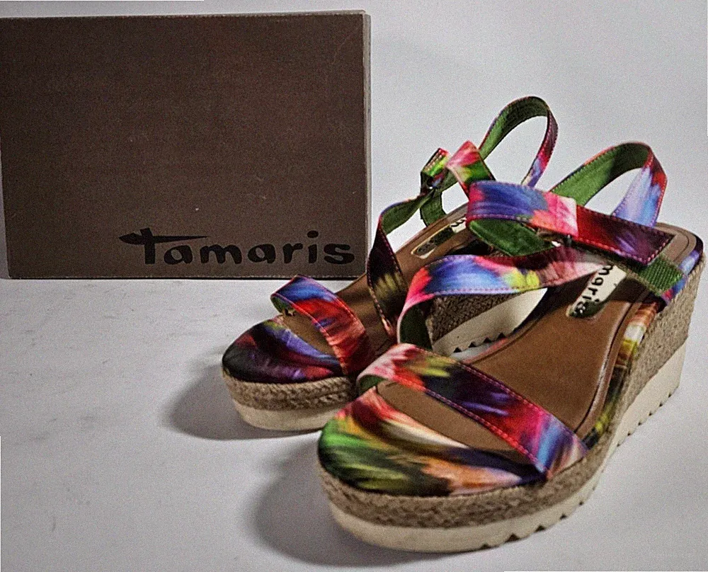 Tamaris Sandalen mehrfarbig Keilabsatz (natur Jute Wedge) Größe UK 5, EU 38 sehr guter Zustand