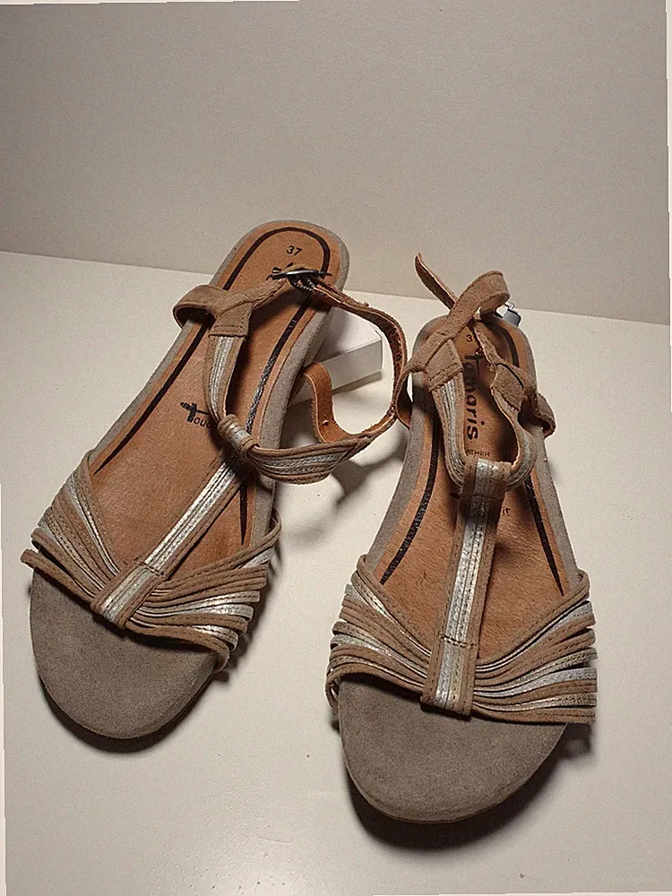 Tamaris Sandalen Riemchen Schuhe braun, silber sehr bequem, Keilabsatz Gr. 37