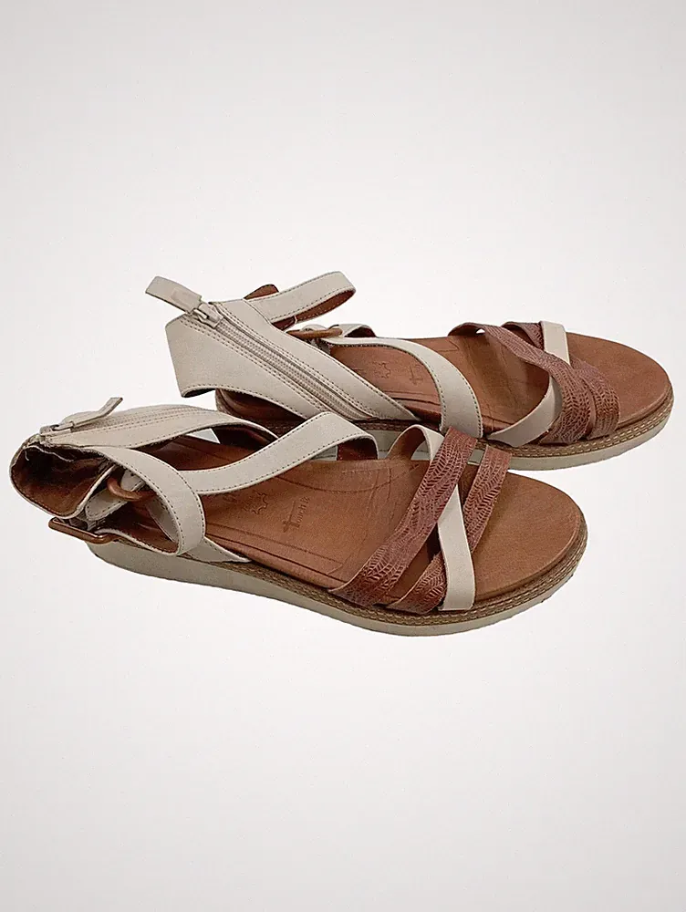 Tamaris Sandaletten Damen Gr. 40 Keilabsatz Plateau Beige Braun Leder Sommer