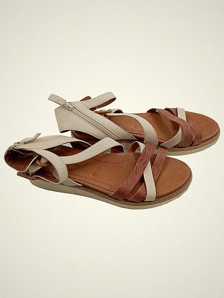 Tamaris Sandaletten Damen Gr. 40 Keilabsatz Plateau Beige Braun Leder Sommer
