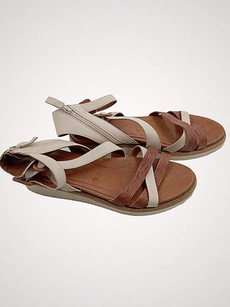 Tamaris Sandaletten Damen Gr. 40 Keilabsatz Plateau Beige Braun Leder Sommer