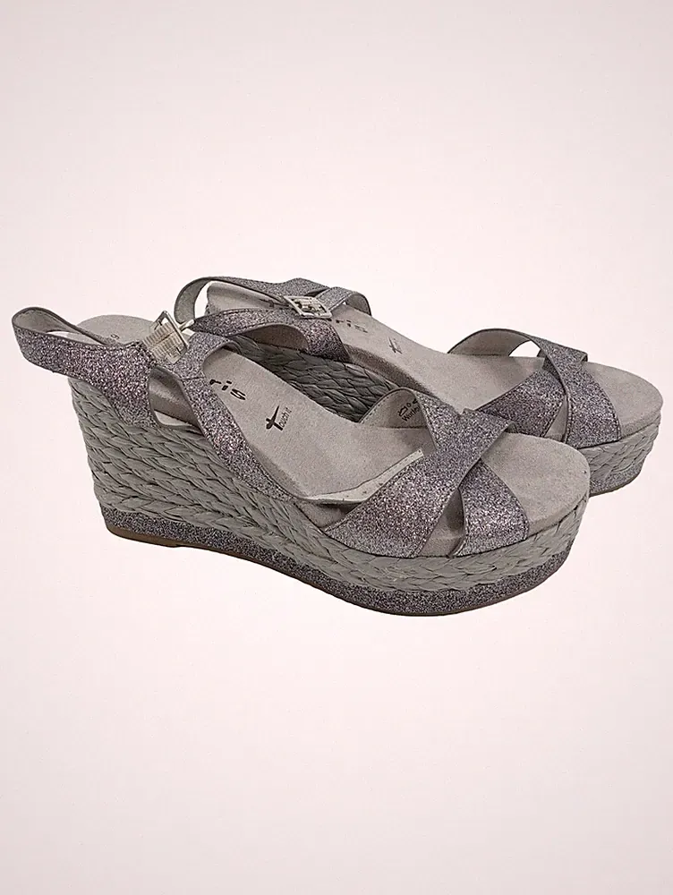 Tamaris Wedges Damen Keilabsatz Sandalen Glitzer Silber Gr. 39