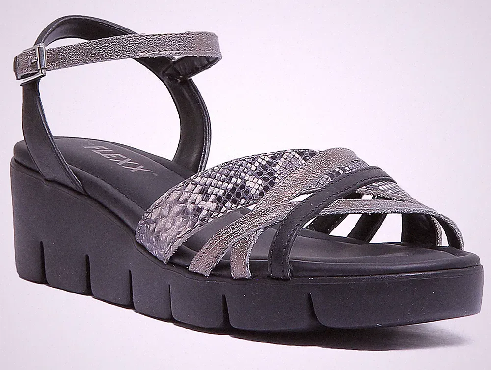 The Flexx Emoticon Damen Leder Keilabsatz Sandalen in Schwarz Rock Gold Größe UK 3 – 8