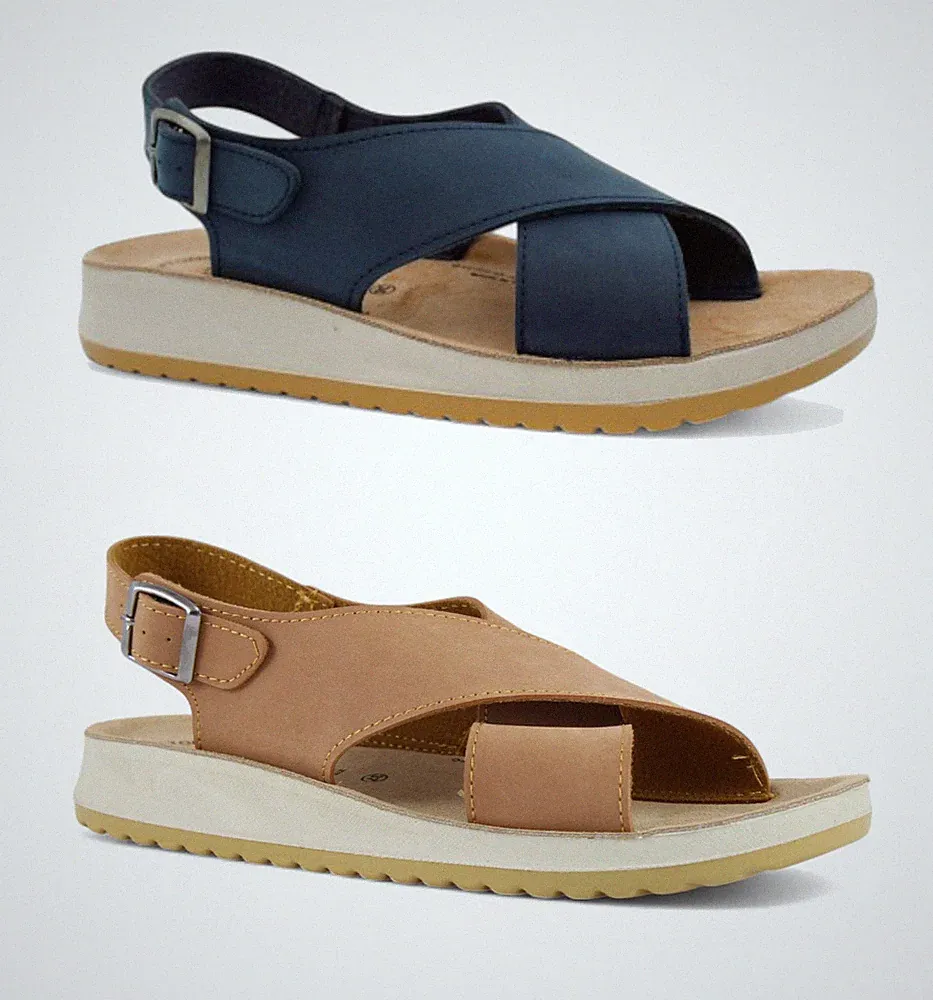 TIGLIO Damen Sommer Sandalen verstellbar mit Rückenschnalle Keilabsatz anatomisch Pelz