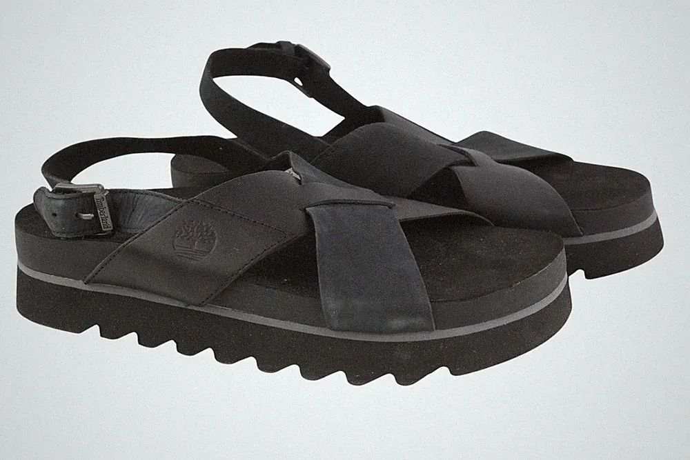 Timberland A23FE Damen EU39 Schwarz Leder Plateau Sandalen Schnalle Logo *