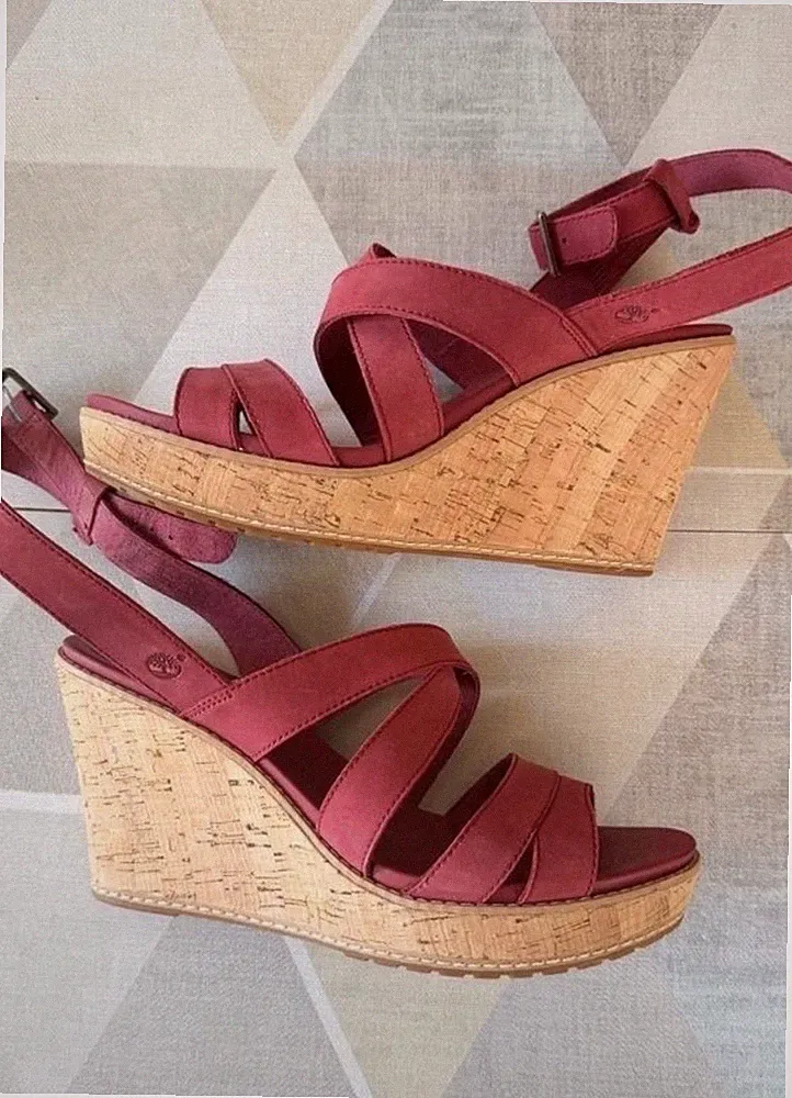Timberland Damen Keilabsatz Sandalen Gr.40. Wein Rot Leder