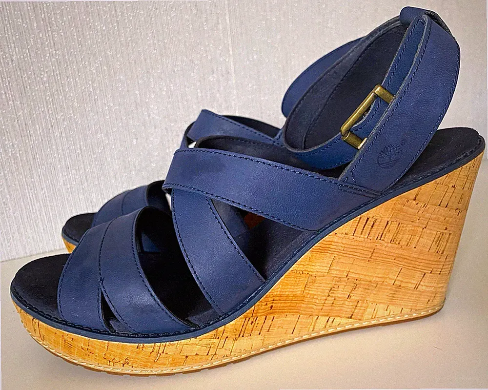 Timberland Damen Sandalen Keilabsatz mittel Leder Blau Riemchen Schnalle EU42