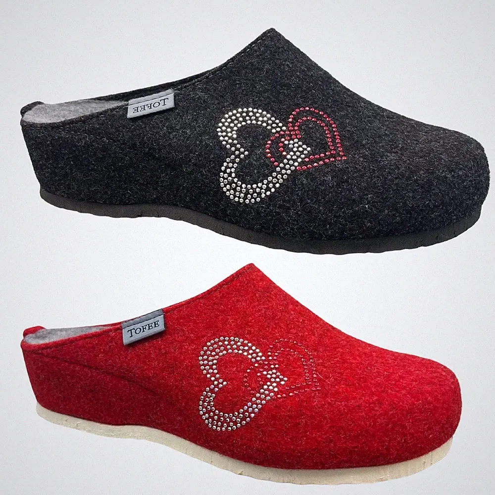 TOFEE Damen Hausschuhe Wollfilz Herz Strass Keilabsatz Puschen rot grau 36-42