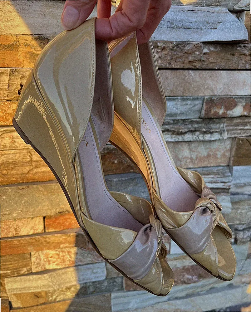 Tolle FRANCA Pumps Schuhe Keilabsatz-Sandalen Gr.36 Lackleder hellgelb+beige👍