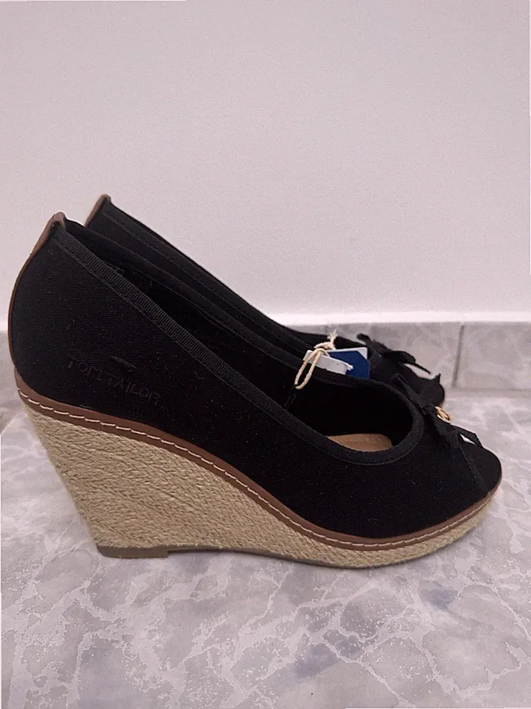 Tom Tailor Damen Ballerinas Keilabsatz Slip-On Stoff Schwarz Gr. 40