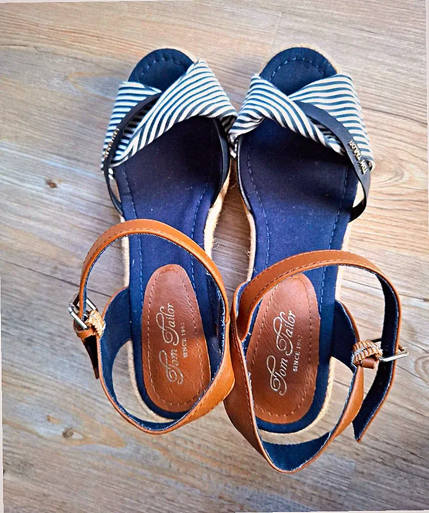 Tom Tailor Damen Riemchen-Sandalen Keilabsatz gestreift Blau/Braun EU 40